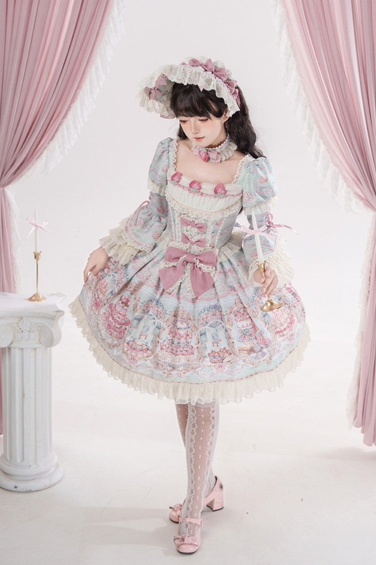 Victoria Cake Blue Grey Jacquard Vintage Sweet Lolita OP Dress