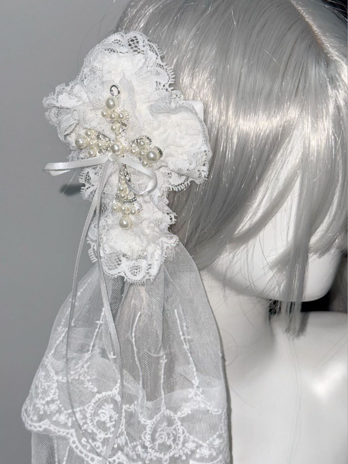 Pearl Cross Lace Ruffle Bow Lolita Gothic Hair Clip with Optional Veil