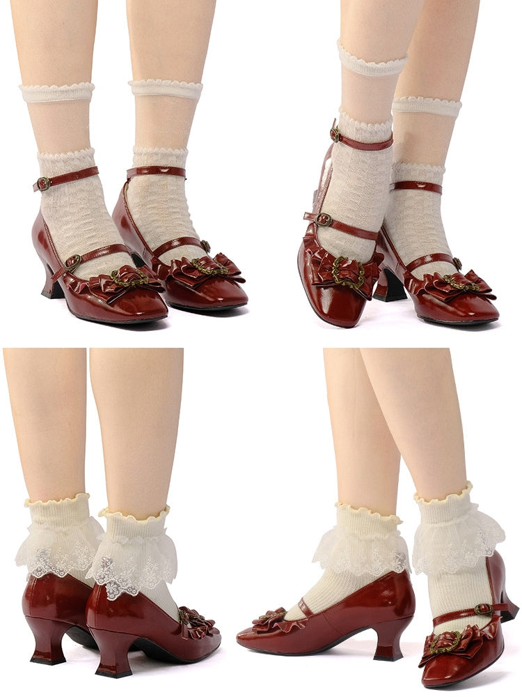 Frame Genuine‑Leather Bow Lace Goblet‑Heel Lolita Shoes