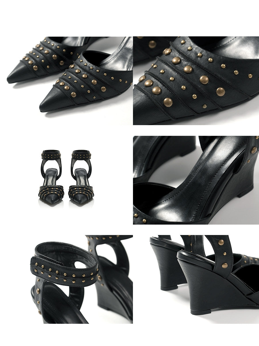 Tribal‑Style Spike‑Stud Pointed‑Toe Wedge‑Heel Pumps