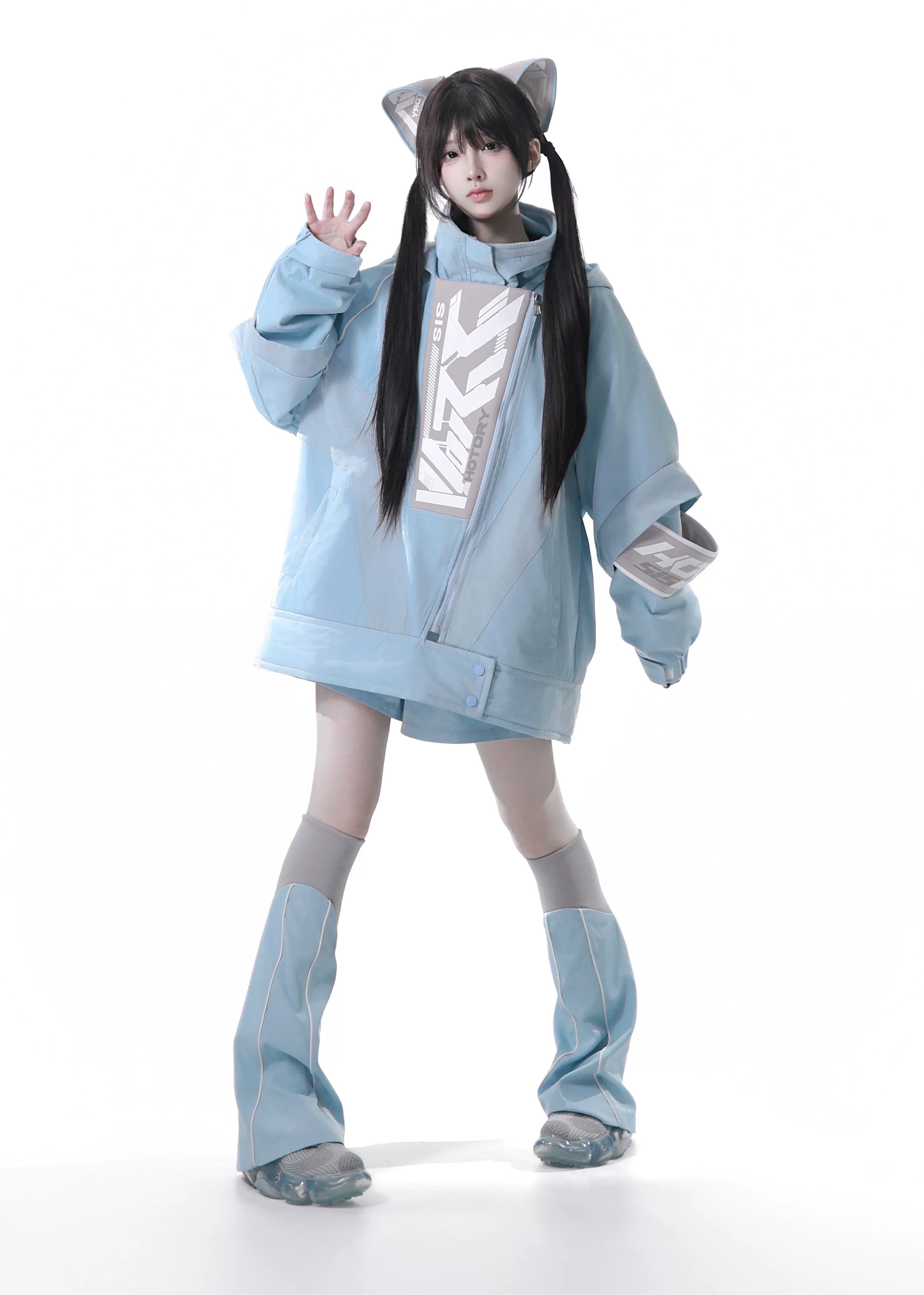 Dystopian Techwear Two-Piece Fleece-Lined Jacket and Shorts Set