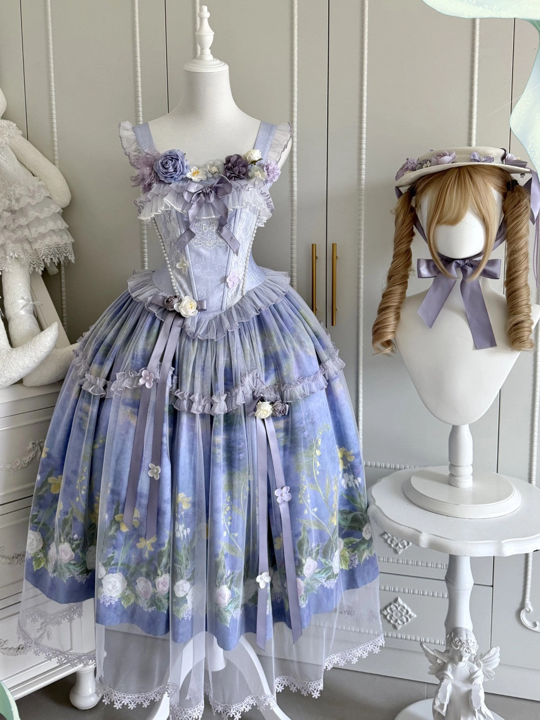 Violet‑Hued Lake Classic Oil‑Painting Printed Tulle Lolita JSK Dress