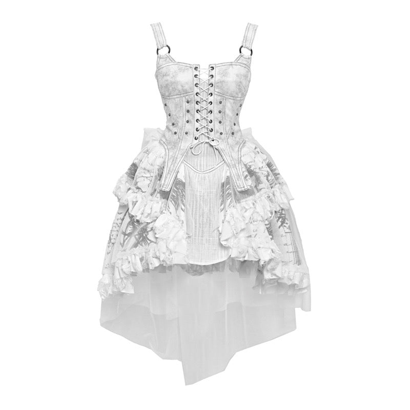 Lolita White Tie-Dye Punk Suspender Dress LG1020