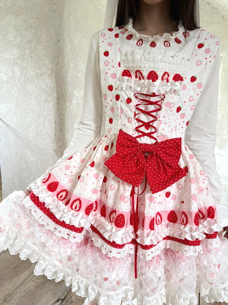 Strawberry Scent Polka Dot Floral Mini Wing Pinafore JSK Dress