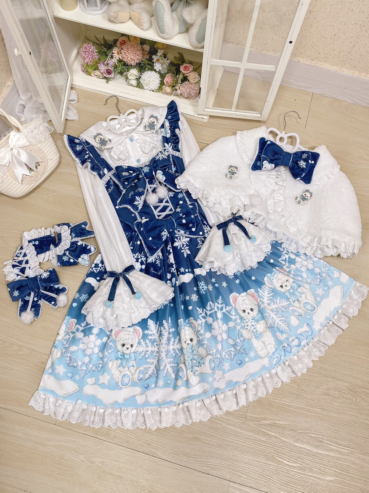 Snowflake Bear Deep Blue Christmas Plush Lolita JSK Dress Set