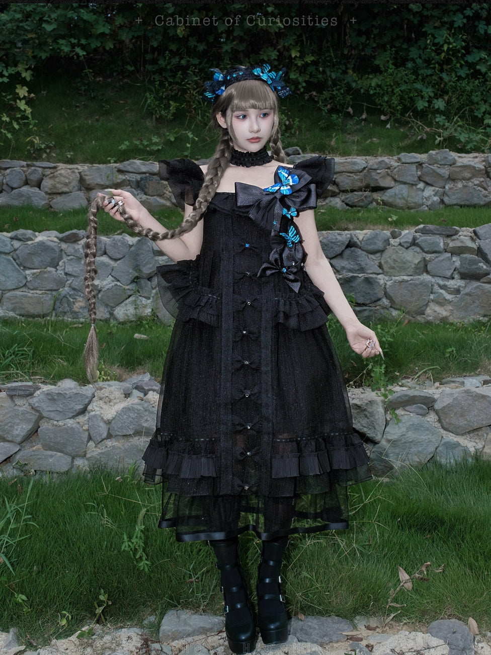 Cabinet Of Curiosities II Dark Gothic Butterfly Stand Collar Babydoll Dress