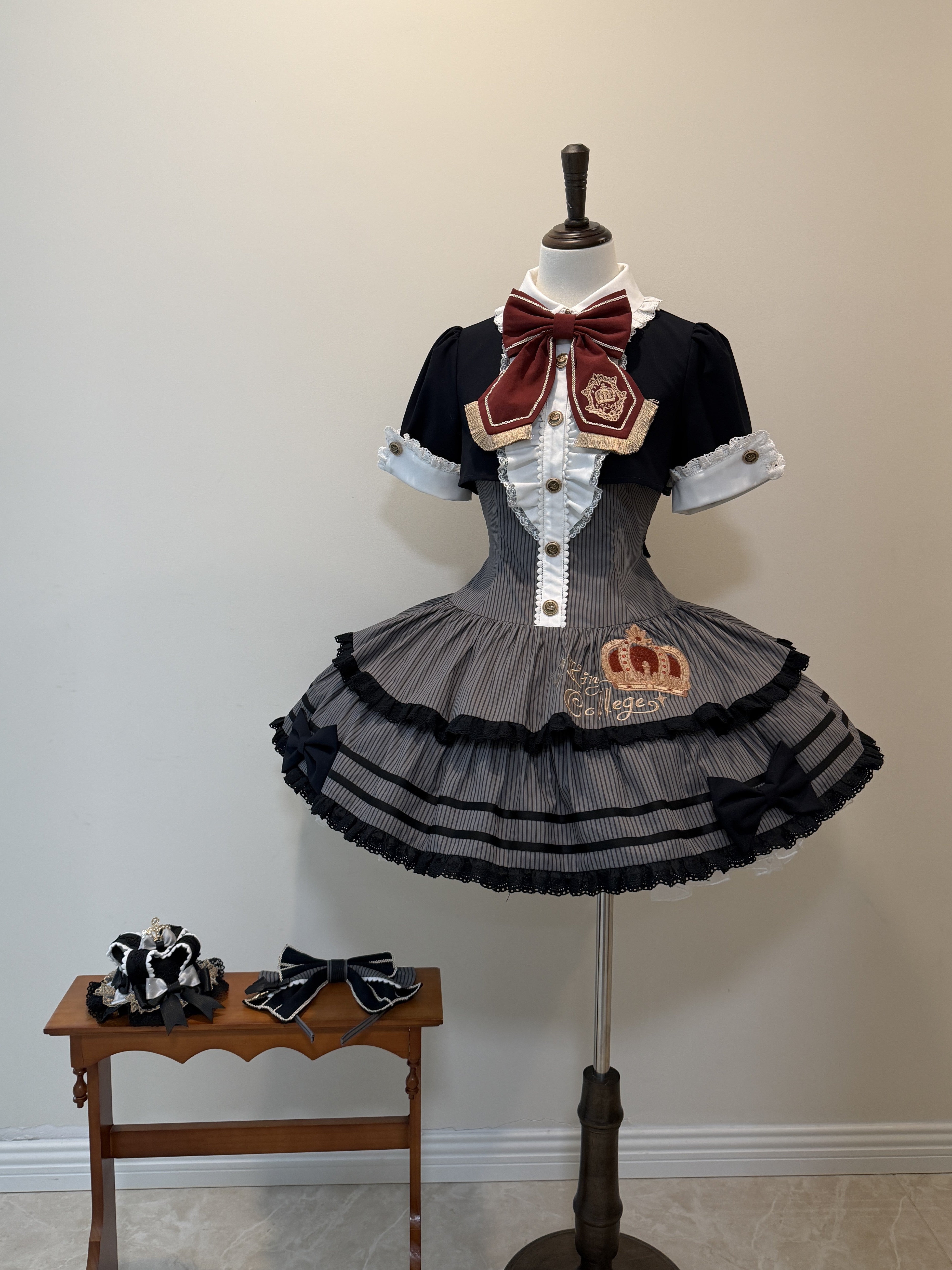 Black Striped Crown Idol Academy Lolita Fake Two-Piece OP Dress