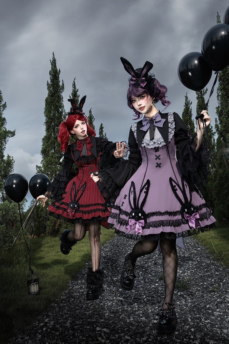 Dark Bunny Striped Gothic Lolita Dress with Rabbit Ear Hat and Tail