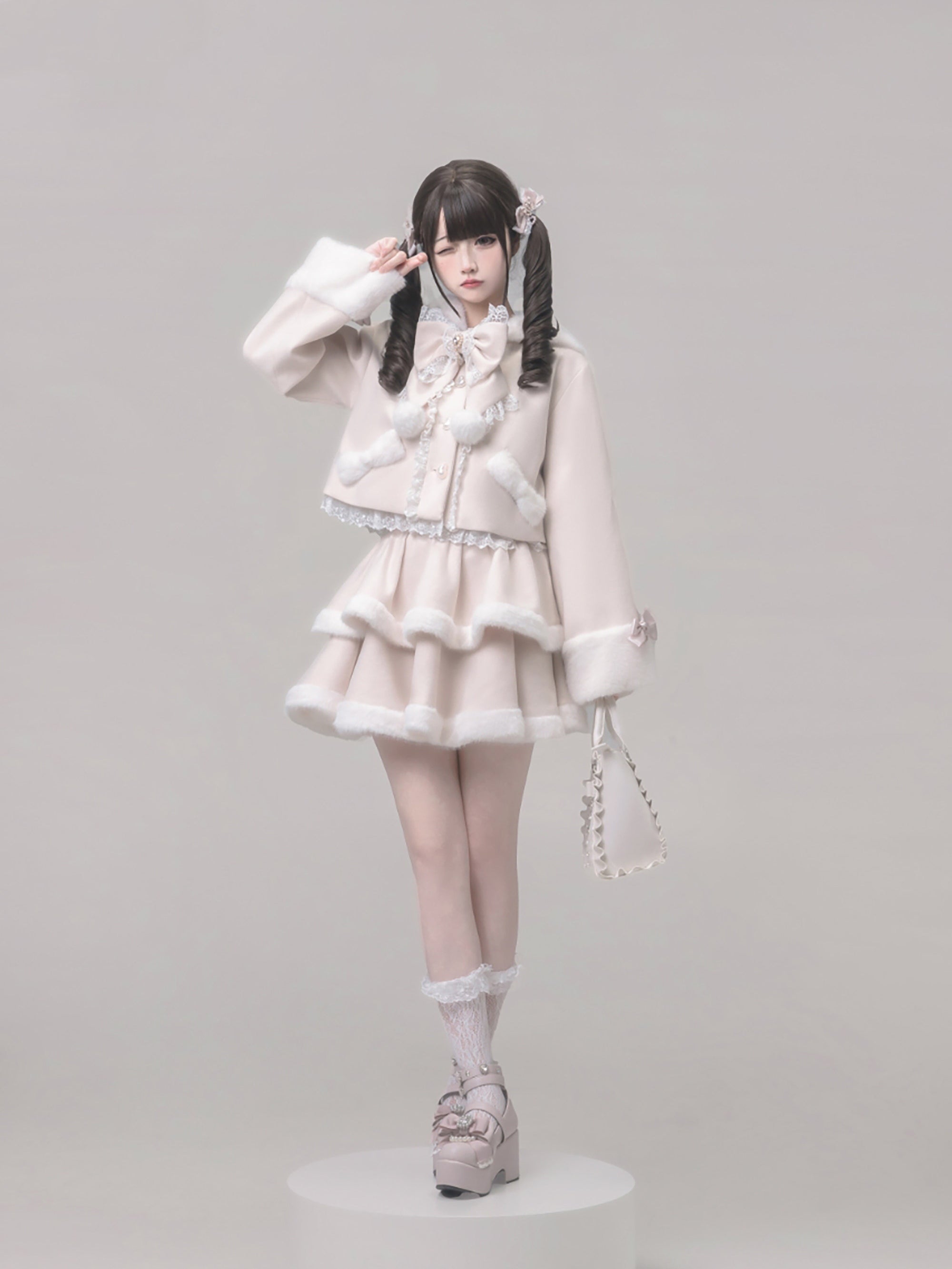 Snow Love Heart Pink Rabbit Ear Coat