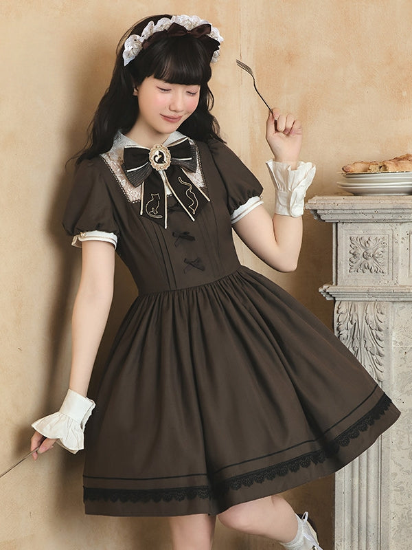 Refreshing Tea Party Lolita Cat Embroidered OP Dress