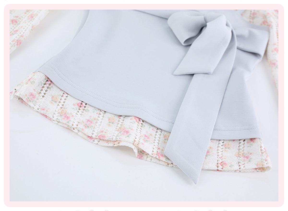 Daily Blue White Floral Cutout Top Off-White Short Skirt Girly Autumn Set