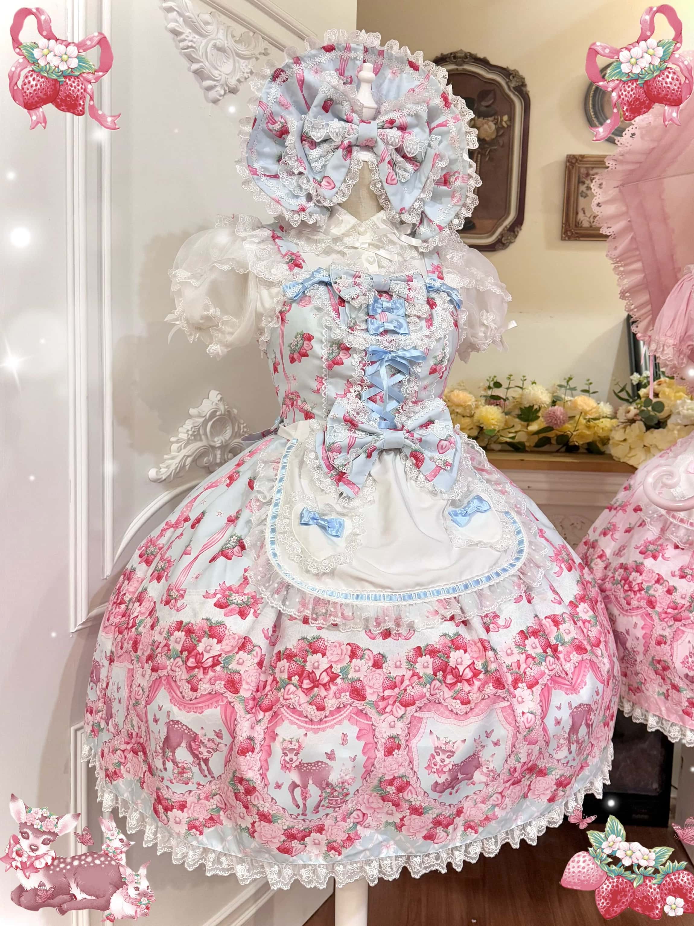 Deer Strawberry Garden Old-School Strawberry Print Lolita JSK