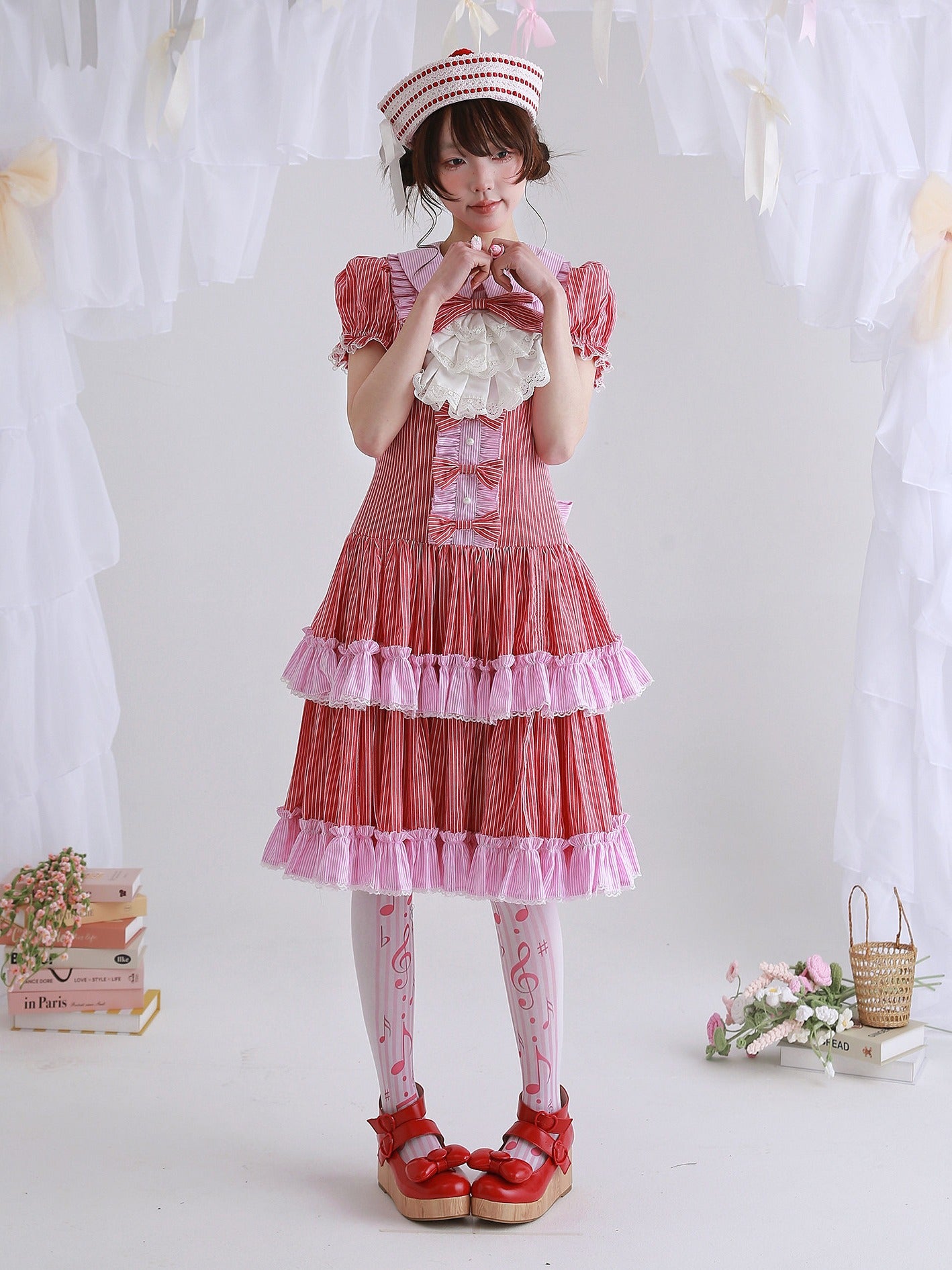 Candy Cottage Showa Retro Pink Striped Dress