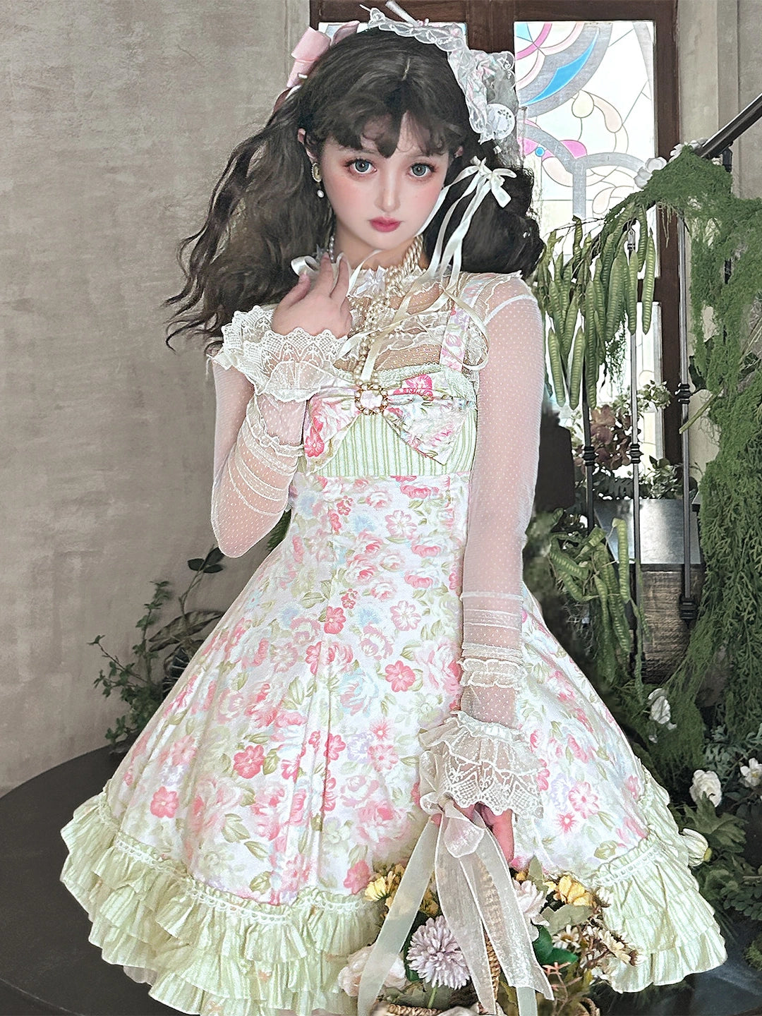 Rose Spring Romance Pink Green Floral Classic Lolita JSK Dress