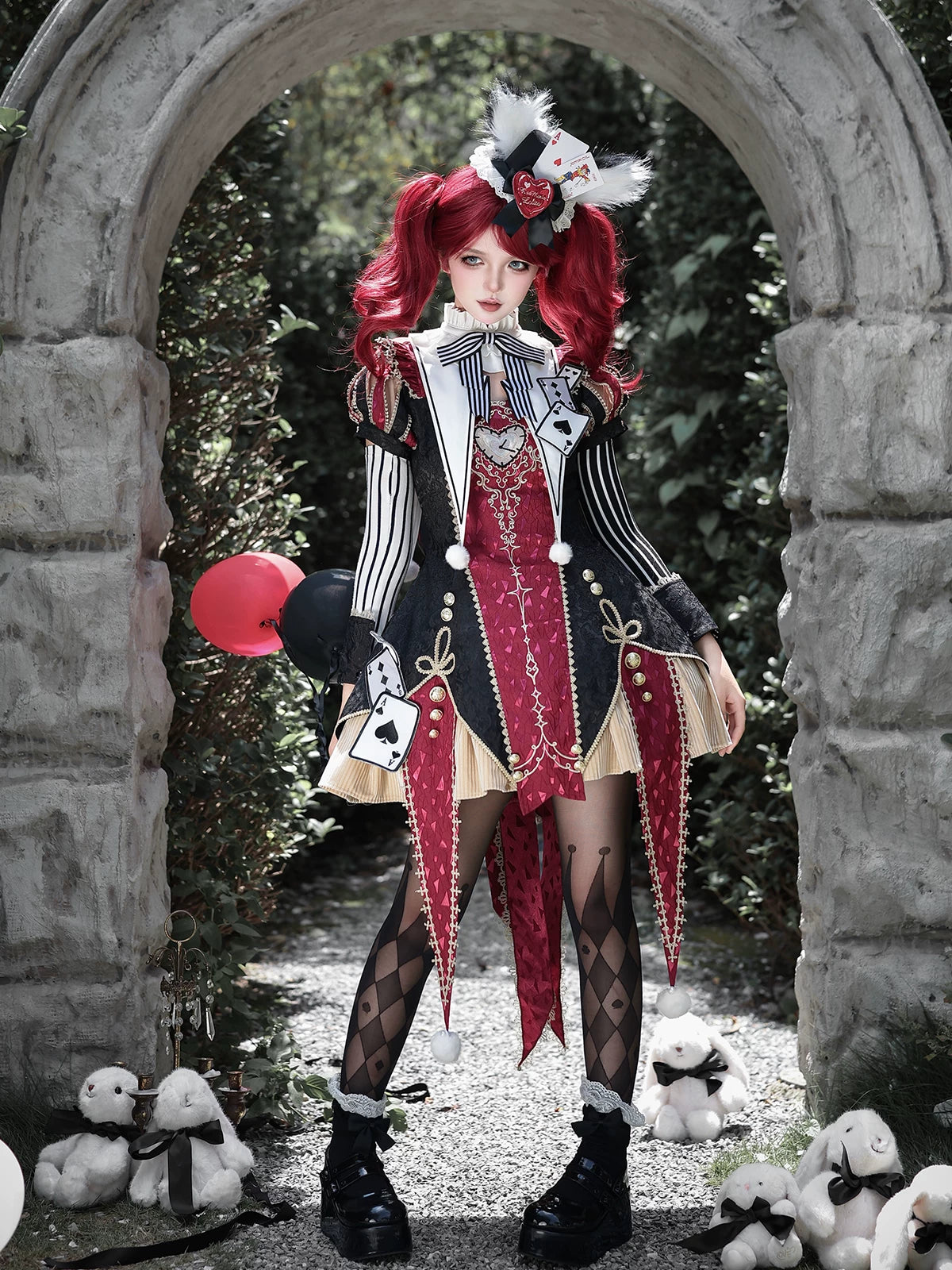 Uncharted Stars Circus Night Wine Red Black Playing Card Jester Lolita Dress