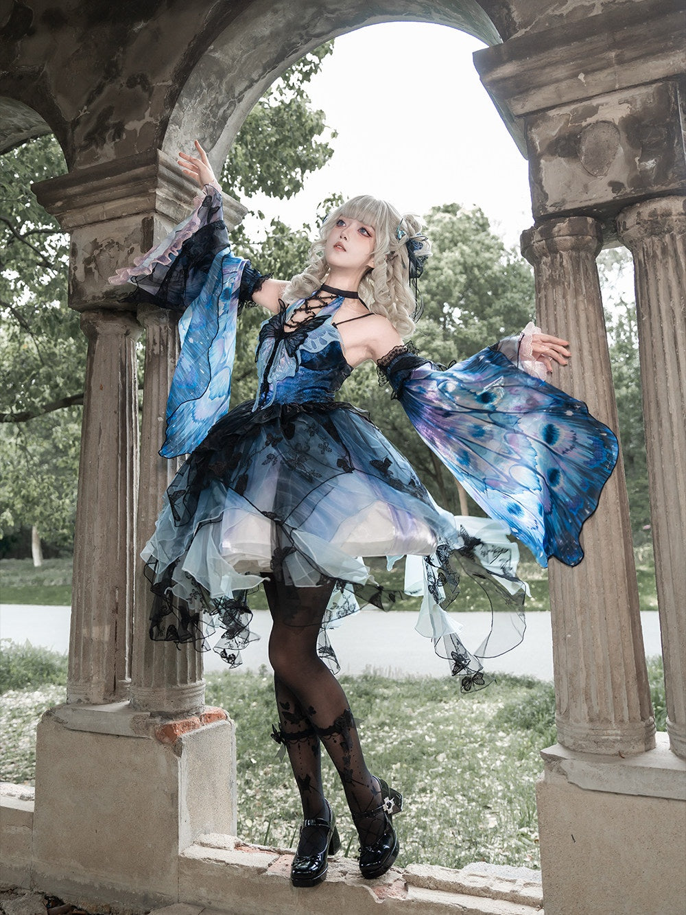 Dead Leaf Butterfly 1.0 Lolita Gothic Blue JSK Dress Set