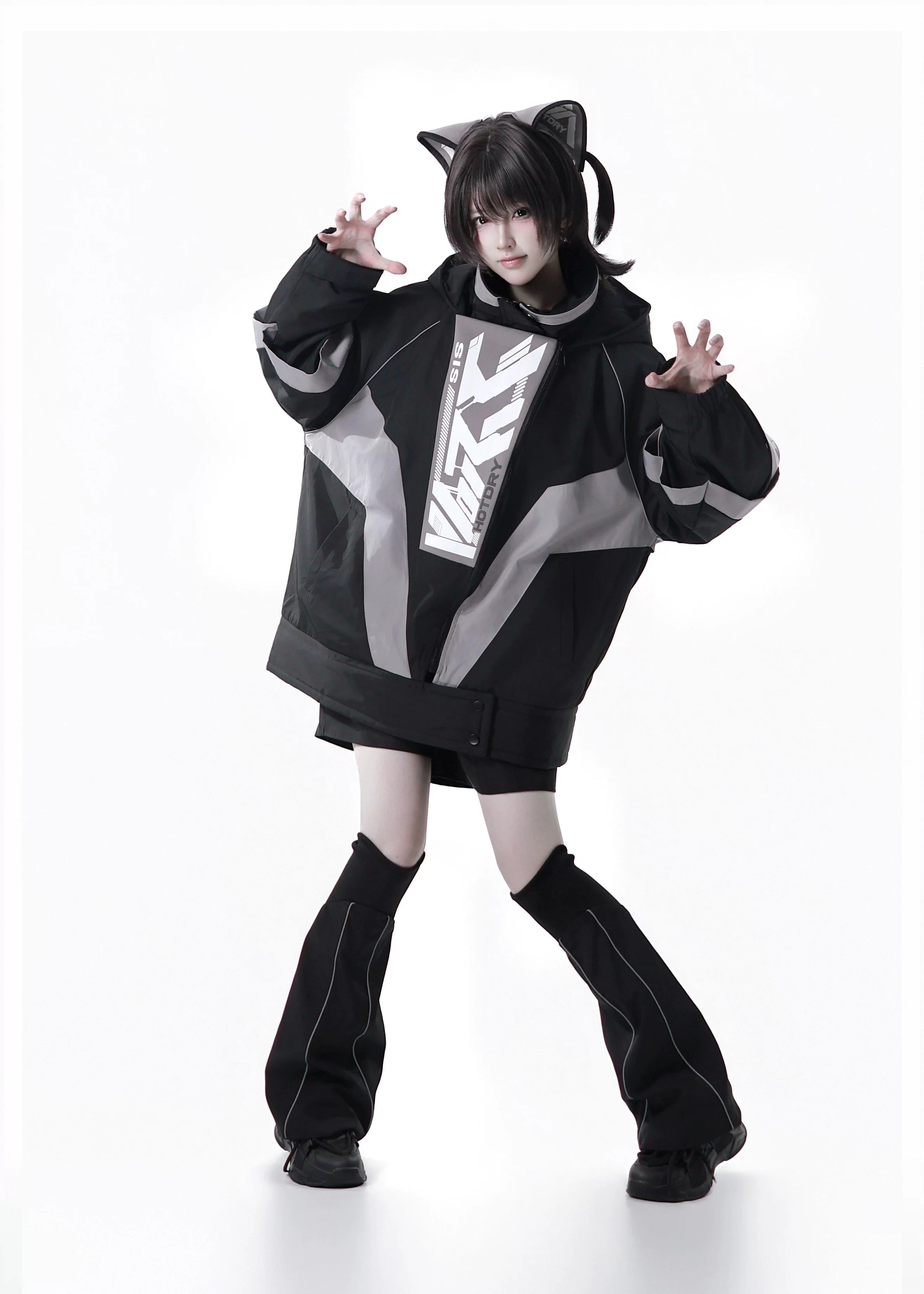 Dystopian Techwear Two-Piece Fleece-Lined Jacket and Shorts Set