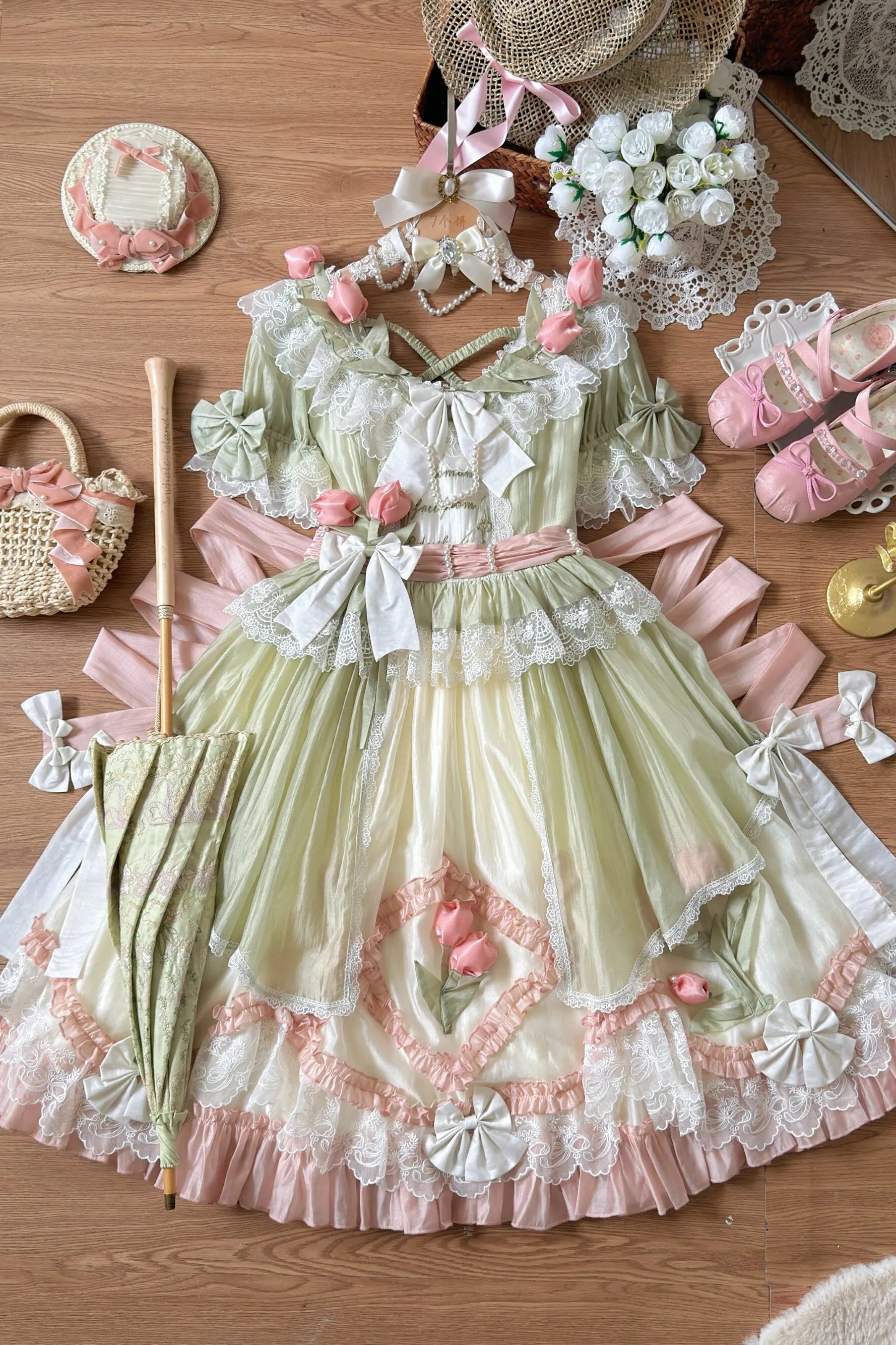 Tulip Letter Mint Green Short Sleeve Classic Lolita OP Dress