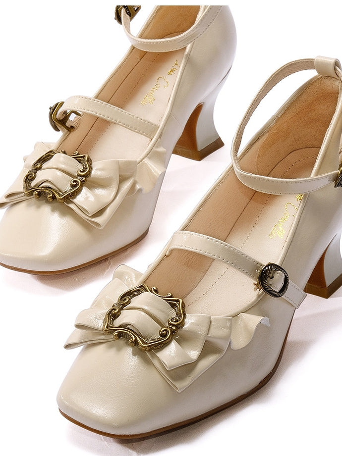 Frame Genuine‑Leather Bow Lace Goblet‑Heel Lolita Shoes