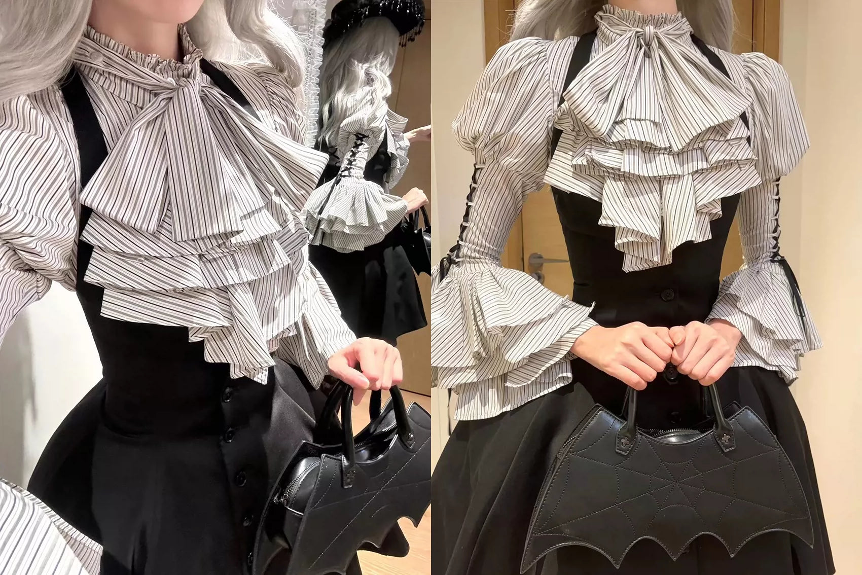 Raven Gothic Lolita Striped Flutter Sleeves Blouse