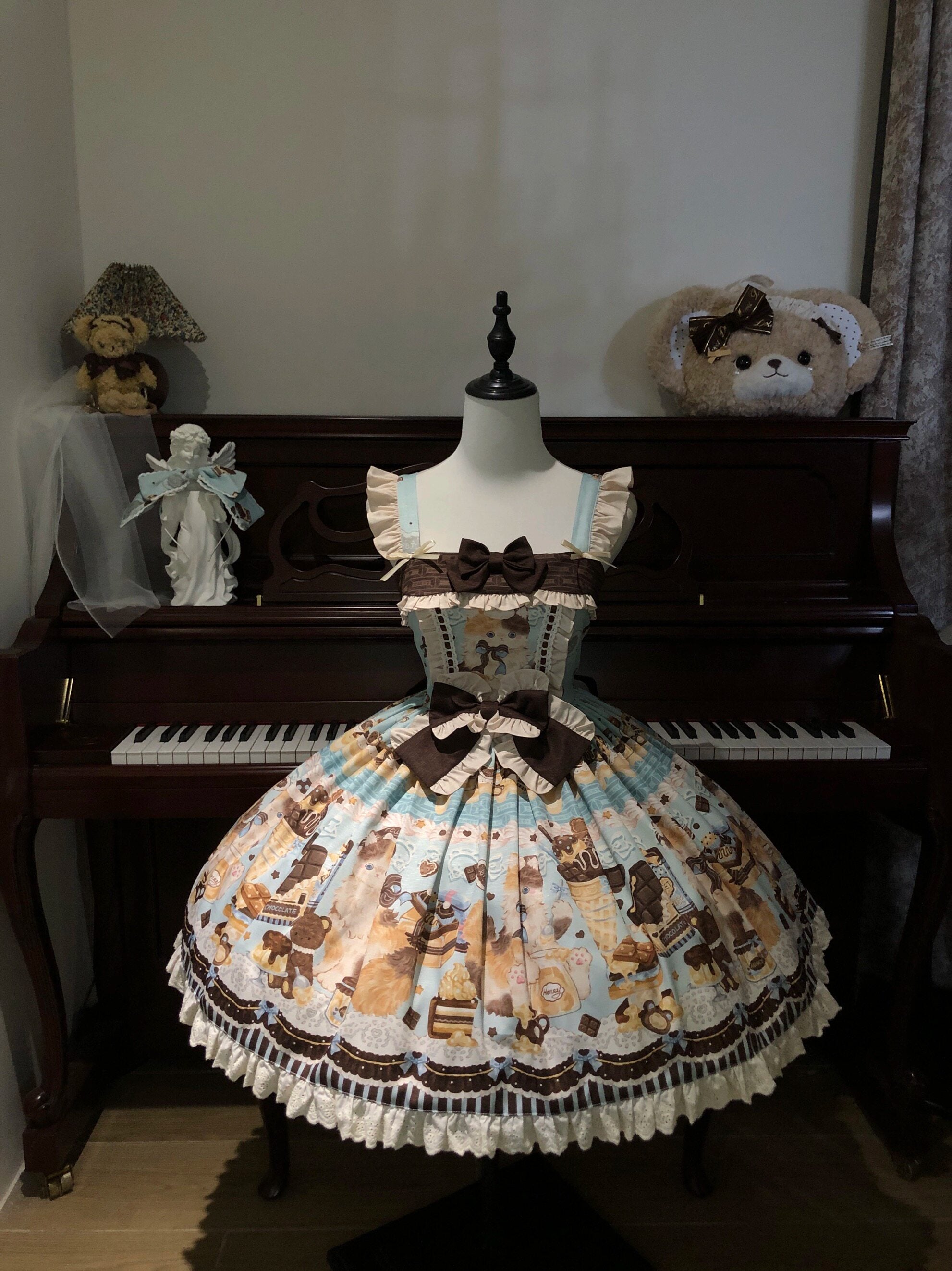 Chocolate Cake Party Mint Green Beige Honey Cat Print Sweet Lolita JSK Dress