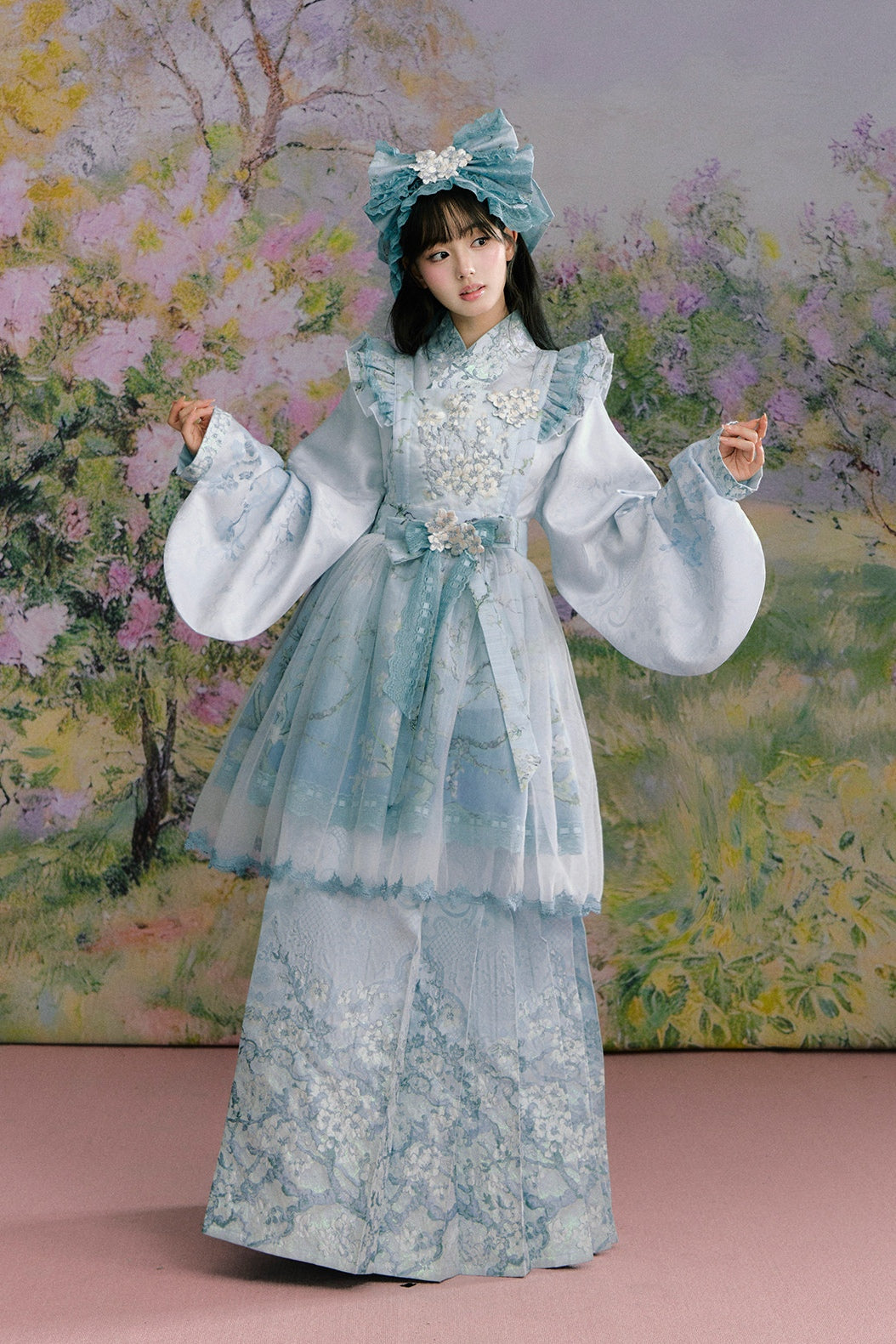 Apricot Blossom Shadow Pink & Blue Black Hanfu Lolita JSK Set