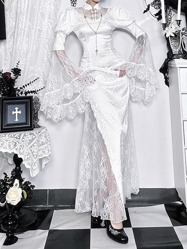 Gothic Elegant White Lace Print Long Gown