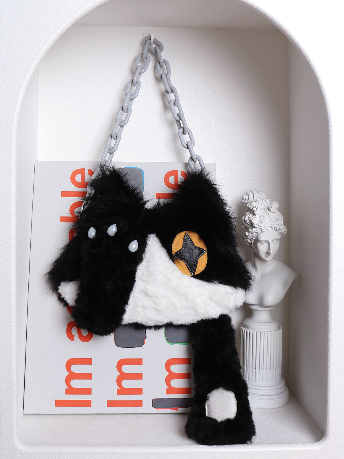 Face-Cover Cow Cat Plush Lolita Crossbody Bag with Chain