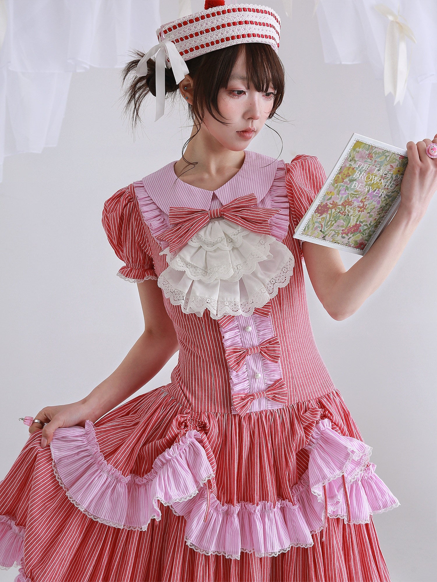 Candy Cottage Showa Retro Pink Striped Dress