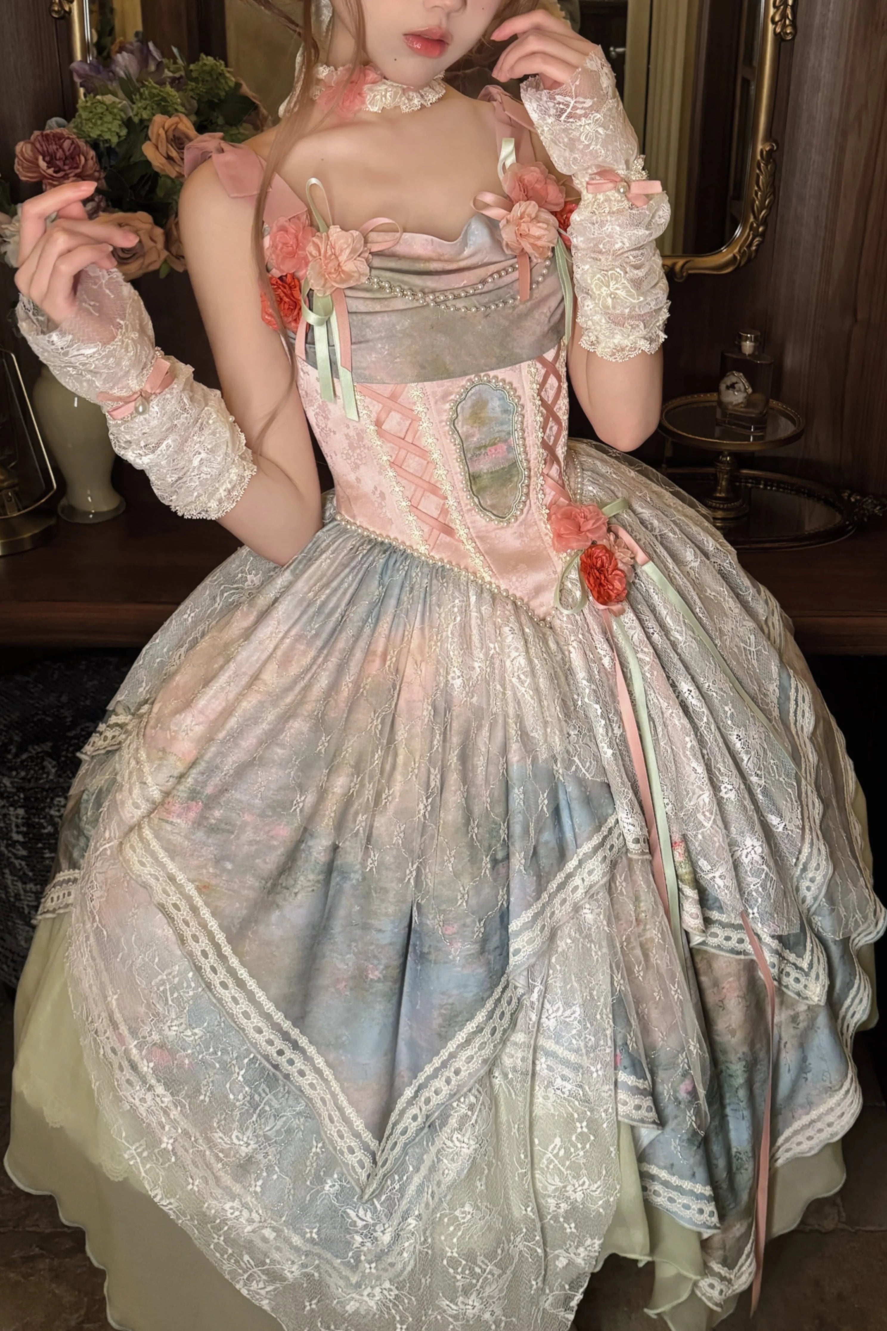 Flower Field Oil Painting Pastoral Irregular Lolita JSK Dress