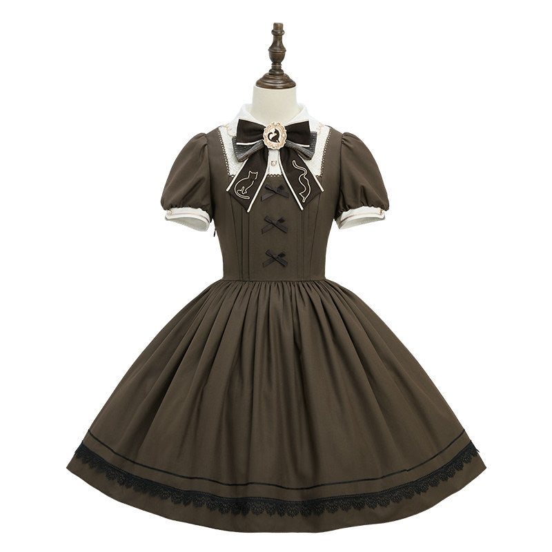 Refreshing Tea Party Lolita Cat Embroidered OP Dress