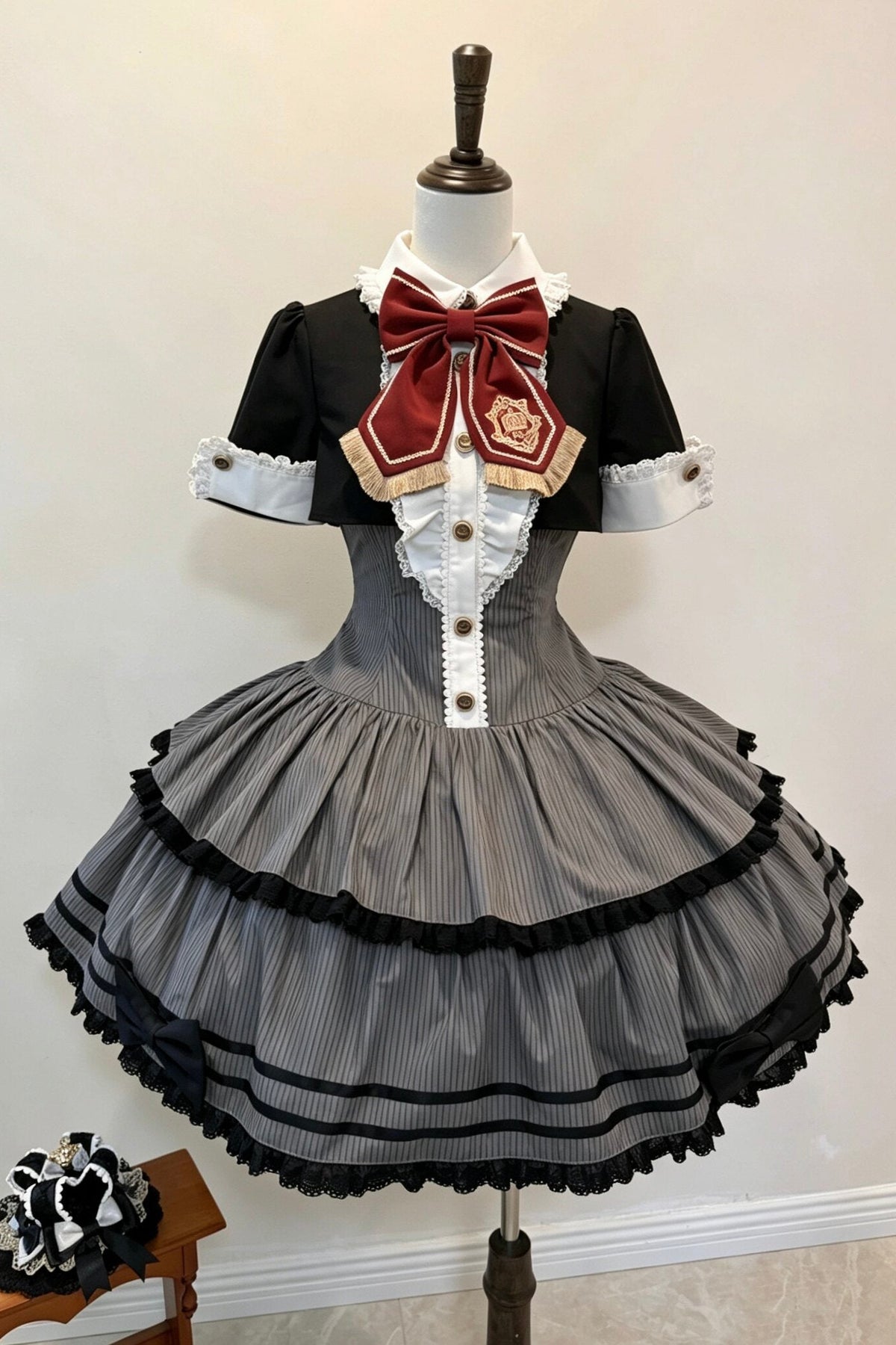 Black Striped Crown Idol Academy Lolita Fake Two-Piece OP Dress