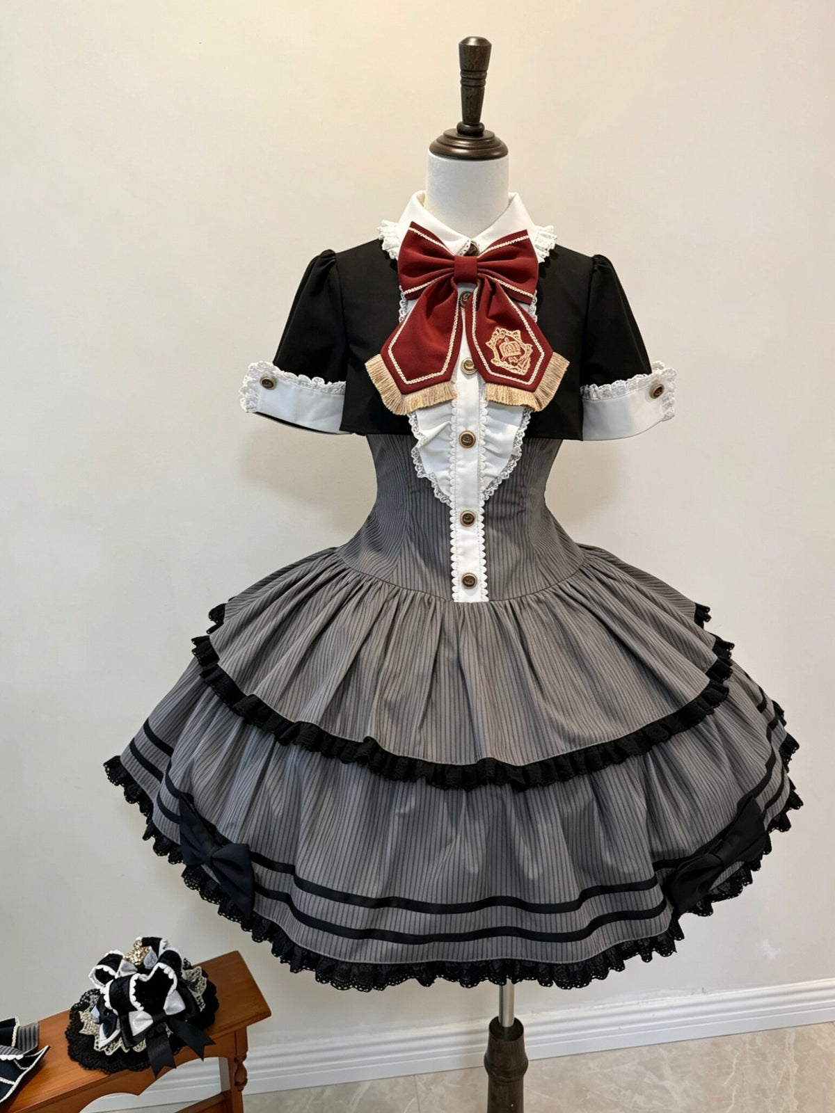 Black Striped Crown Idol Academy Lolita Fake Two-Piece OP Dress