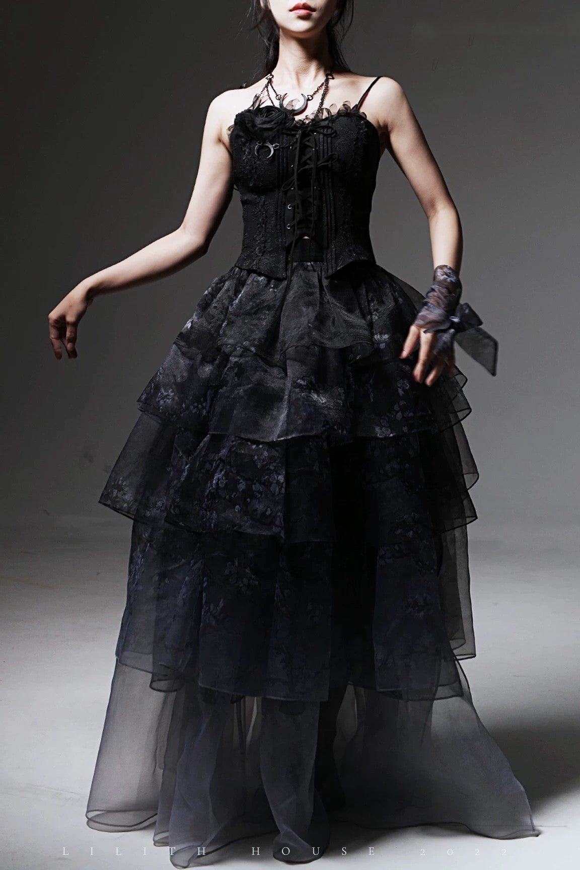 Van Gogh Almond Blossom Black Vintage Strapless Organza Dress / Corset & Skirt Set