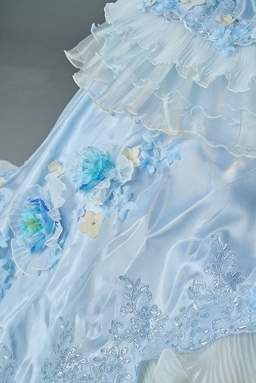 Glacier Luna Ice Blue 3D Butterfly Tiered Ballgown Princess Formal Dress