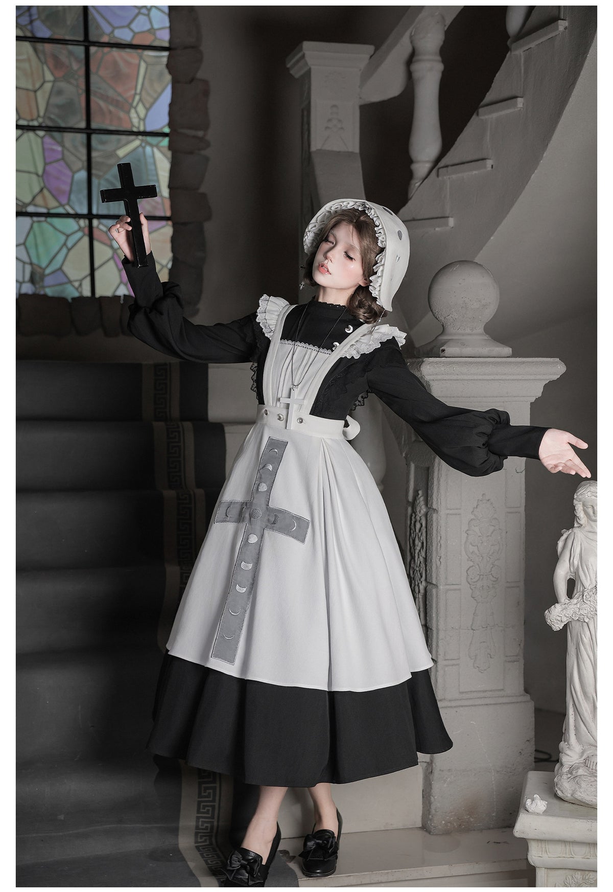 Moon Phase Lolita Gothic Lace High Collar Apron OP Dress