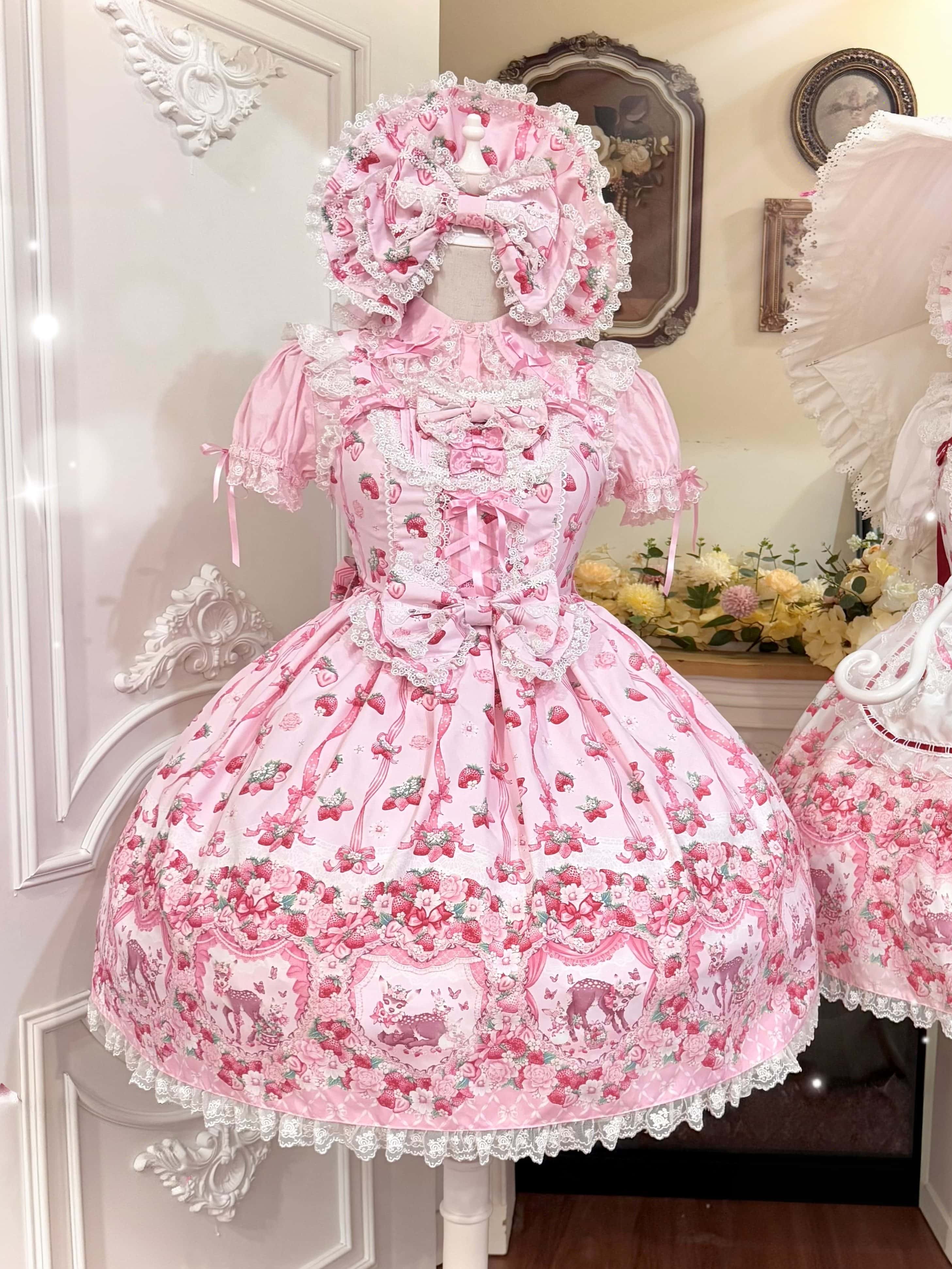 Deer Strawberry Garden Old-School Strawberry Print Lolita JSK