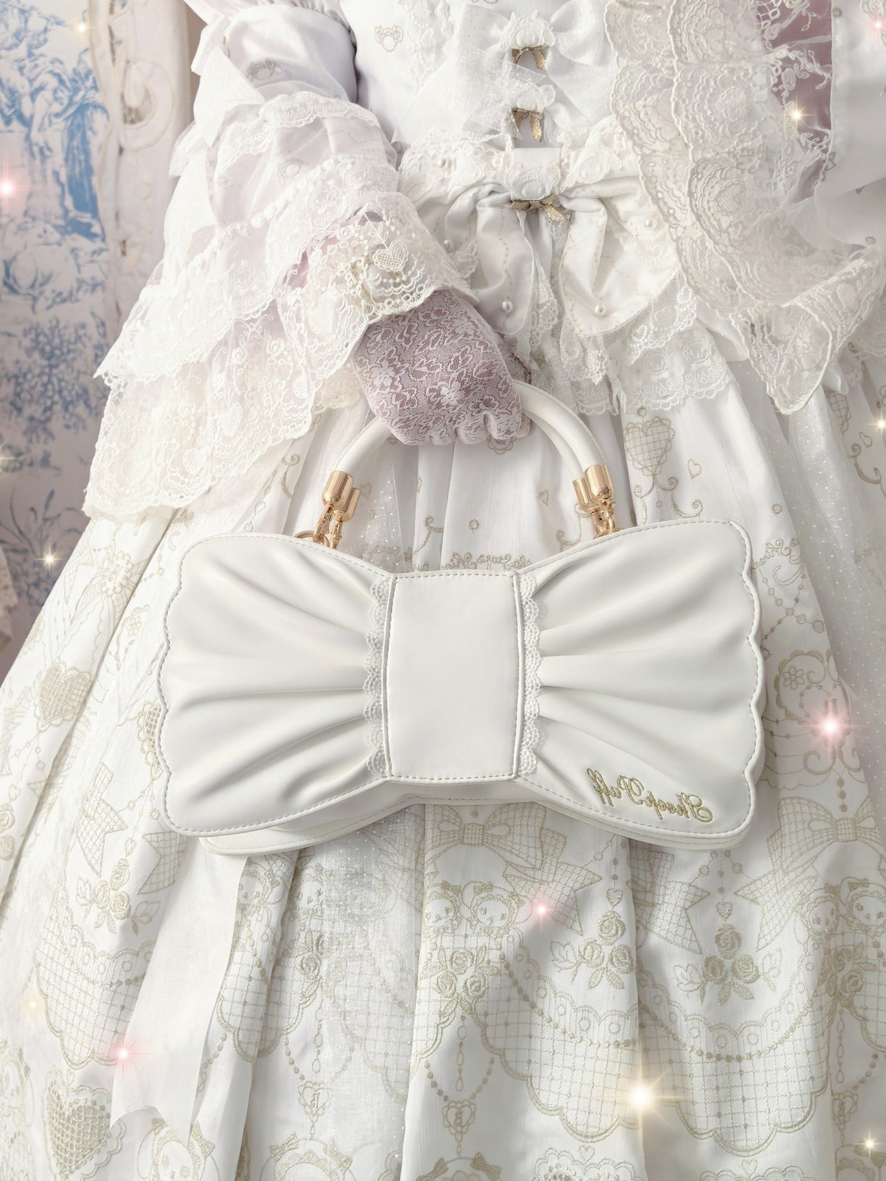 Pearl Bow Lace Trim Lolita Handbag