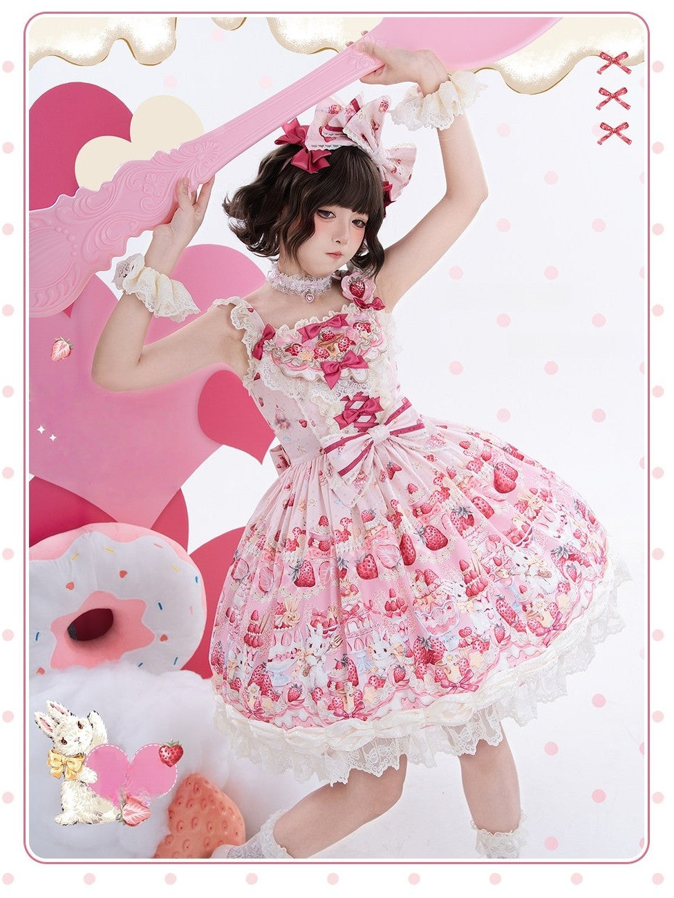 Parfait Dessert Bunny Sweet Cute Strawberry Print Embroidered JSK