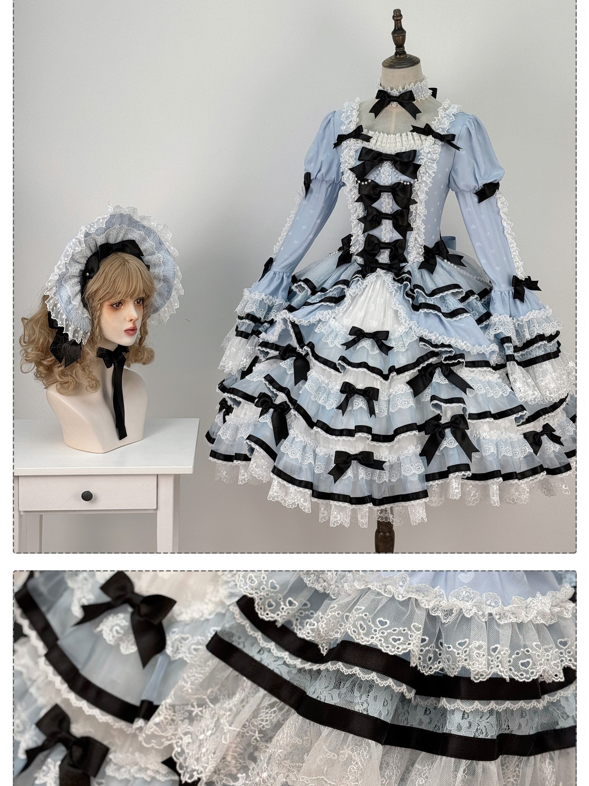Deluxe Cake Alice Blue Black Tiered Ruffle Classic Lolita OP Set