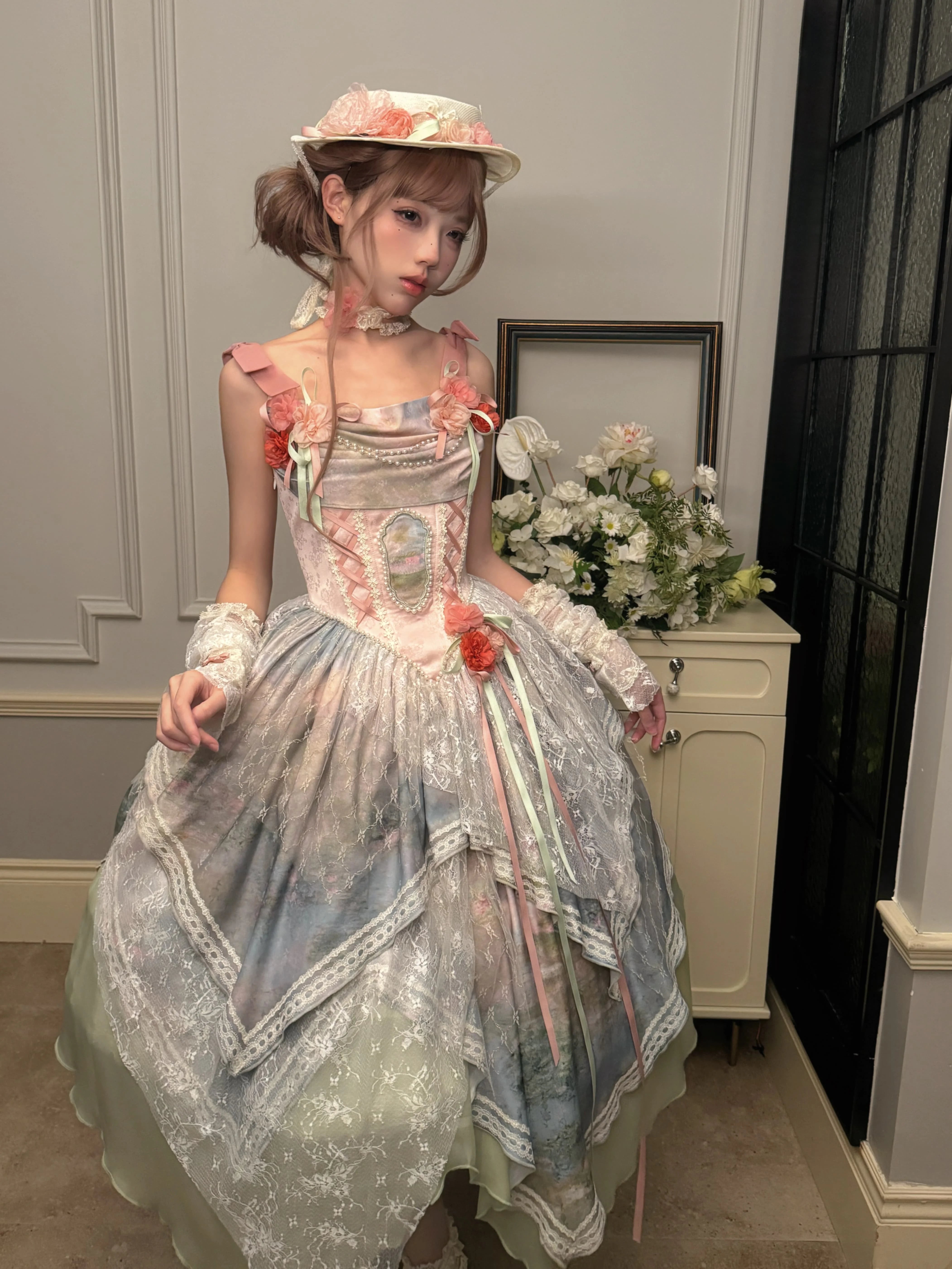 Flower Field Oil Painting Pastoral Irregular Lolita JSK Dress