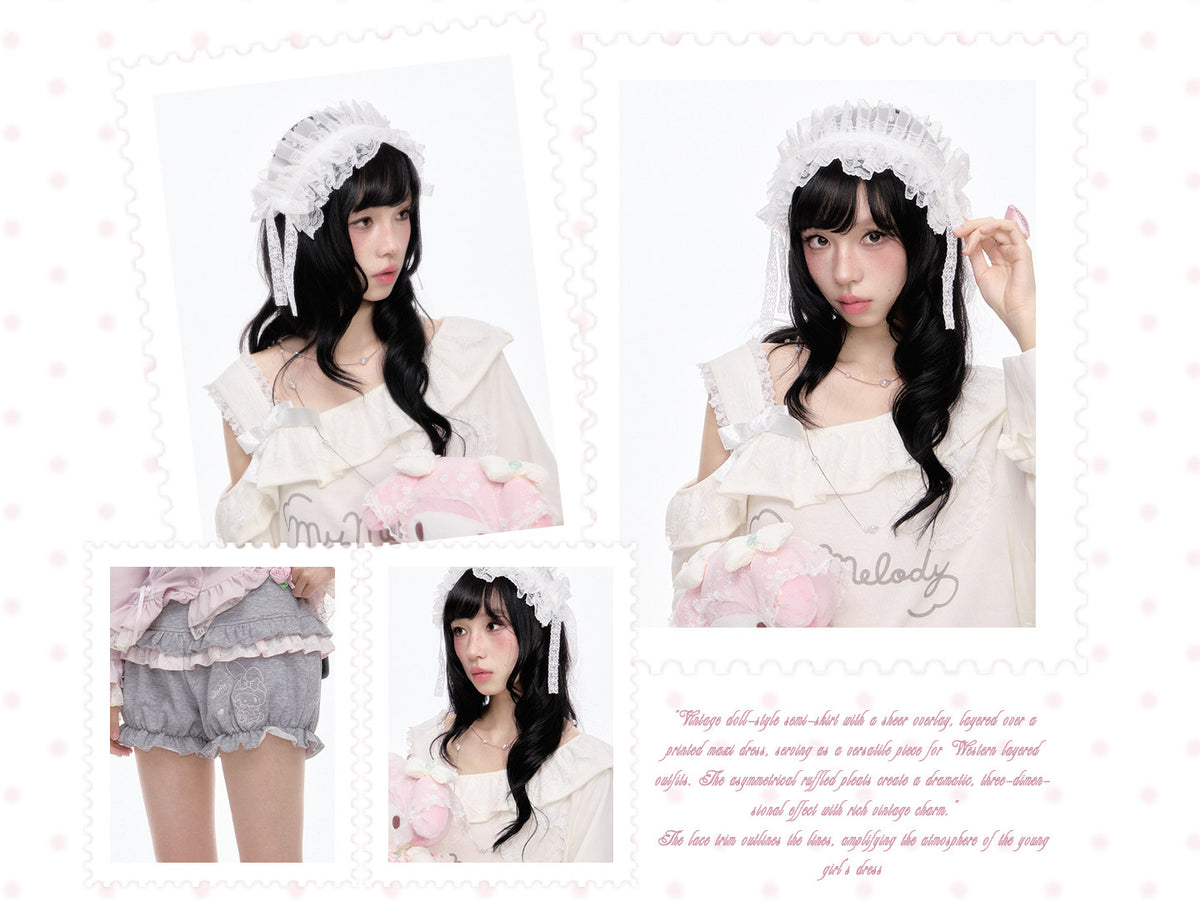 My Melody Off Shoulder Ruffle Top Gray Bloomer Shorts Set