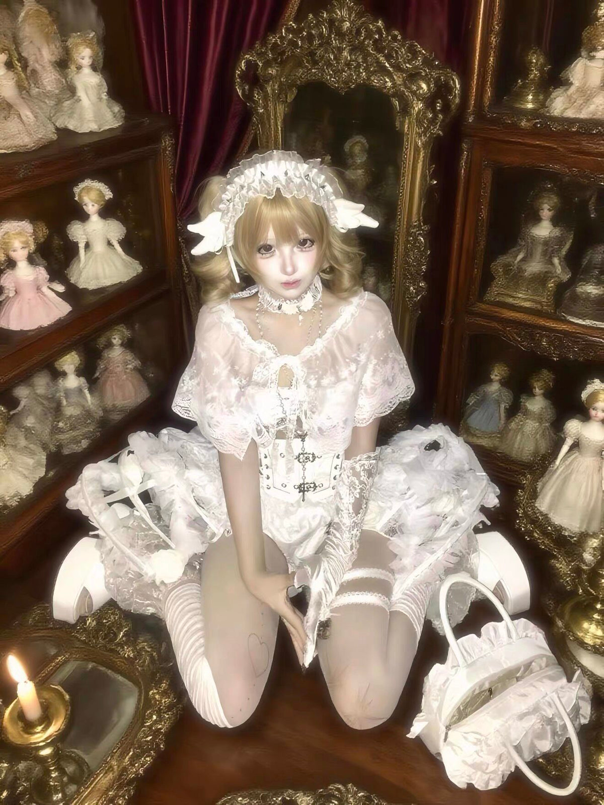 Flower Bud White Rose Gothic Corset & Birdcage Skirt Set