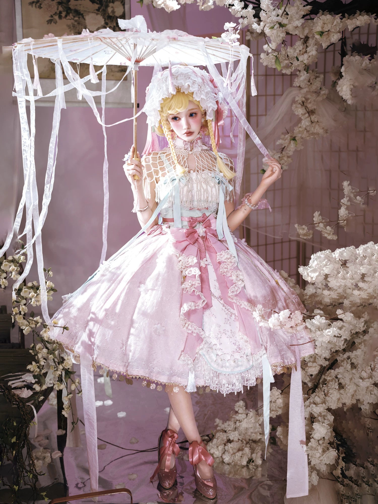 Hibiscus Huadan Pink Wa Lolita Short JSK Dress