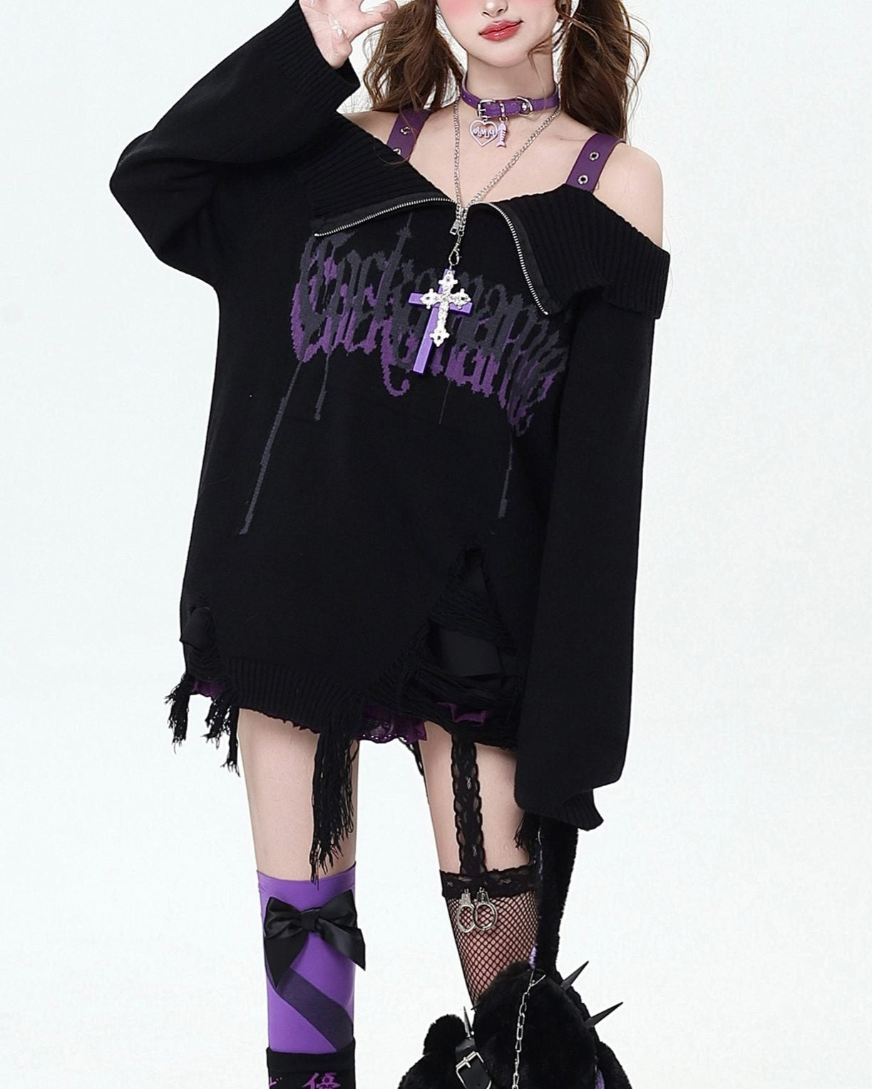 Y2K Black & Purple Off-Shoulder Sweater LE1030