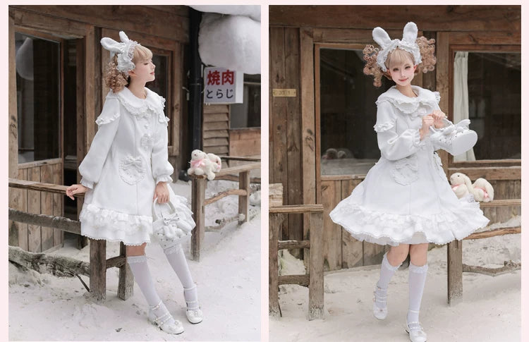Bunny Warm Lolita Cake Hem Pink & White Wool Coat