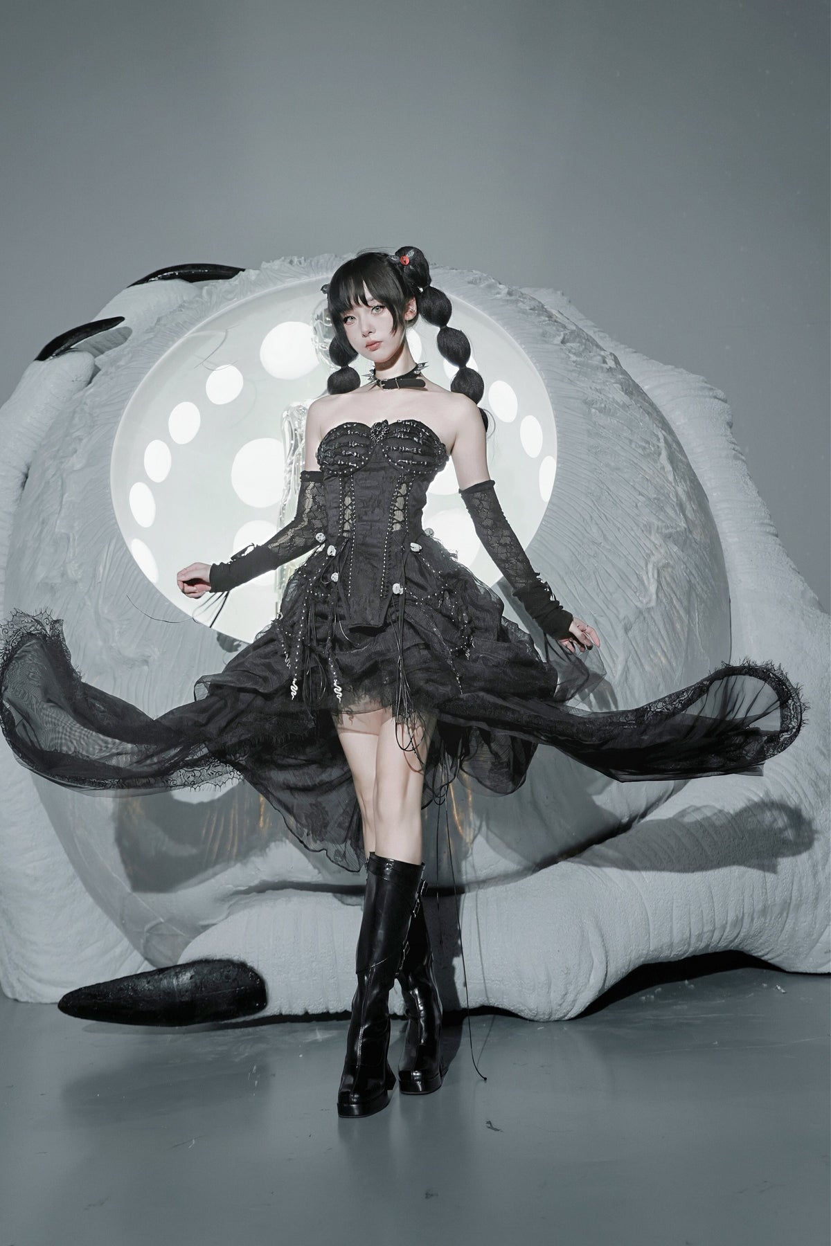 Pure Black Gothic Dark Halloween Corset & Half Skirt Set
