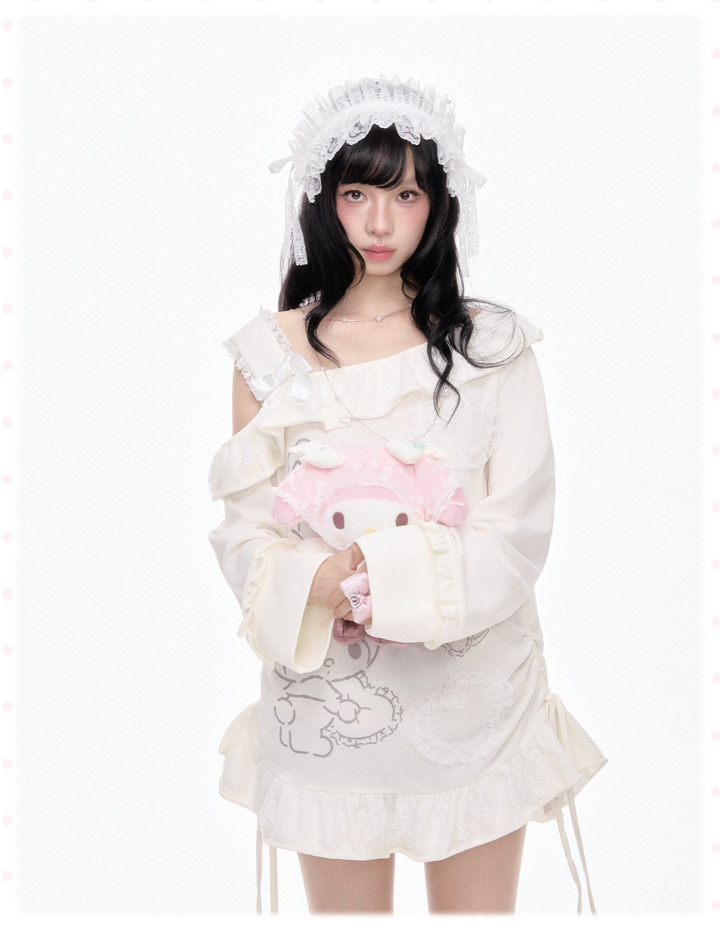 My Melody Off Shoulder Ruffle Top Gray Bloomer Shorts Set