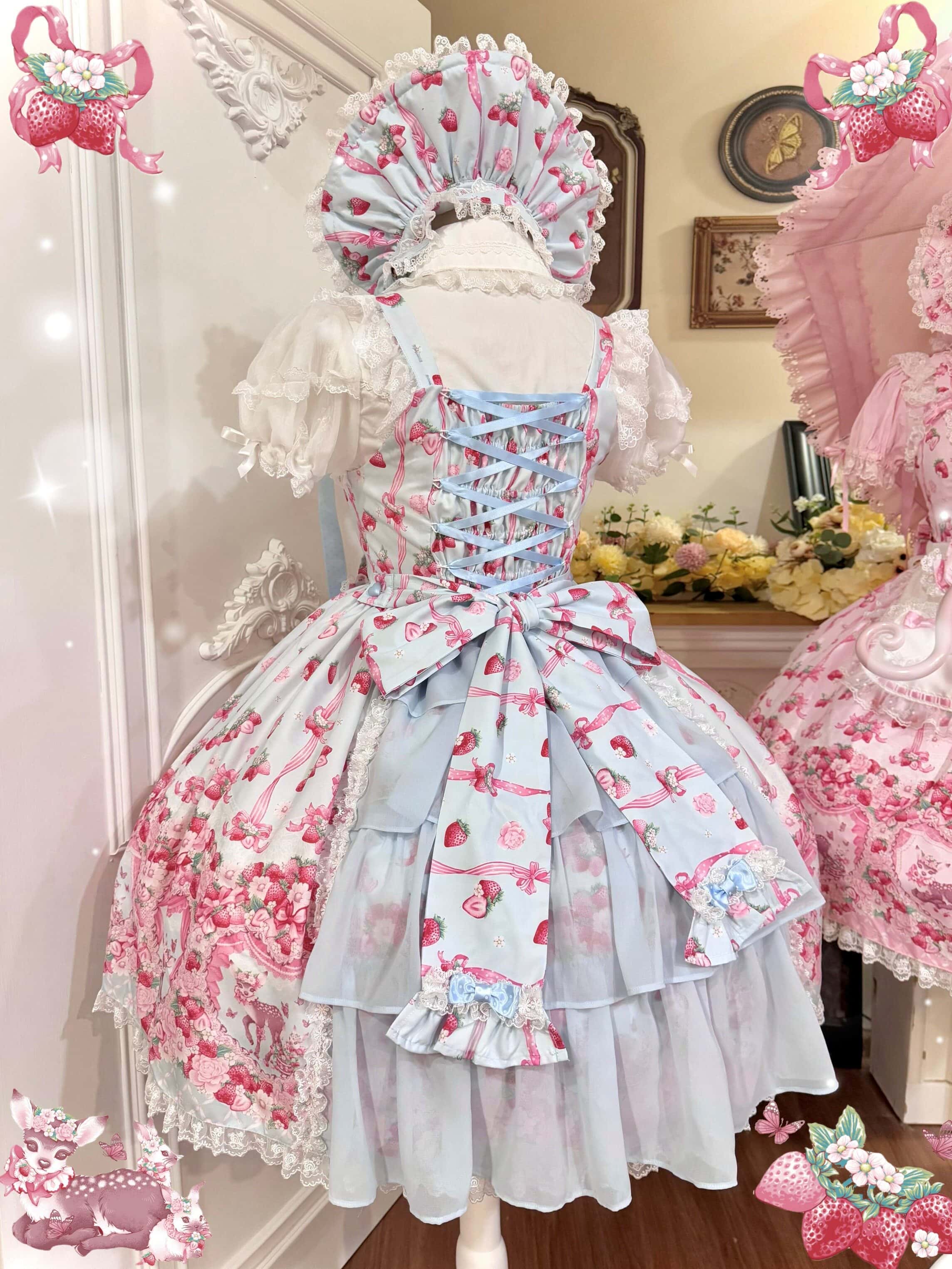 Deer Strawberry Garden Old-School Strawberry Print Lolita JSK
