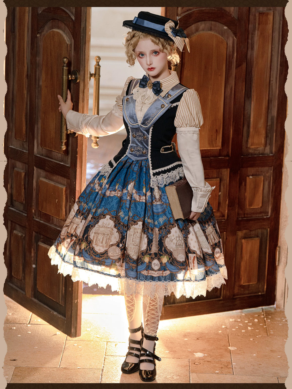 Italian Travelogue Navy British Style Lolita OP Dress and Coat